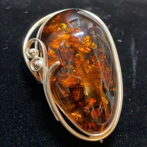 Georgeous Large Amber Brooch Silver Scroll Setting